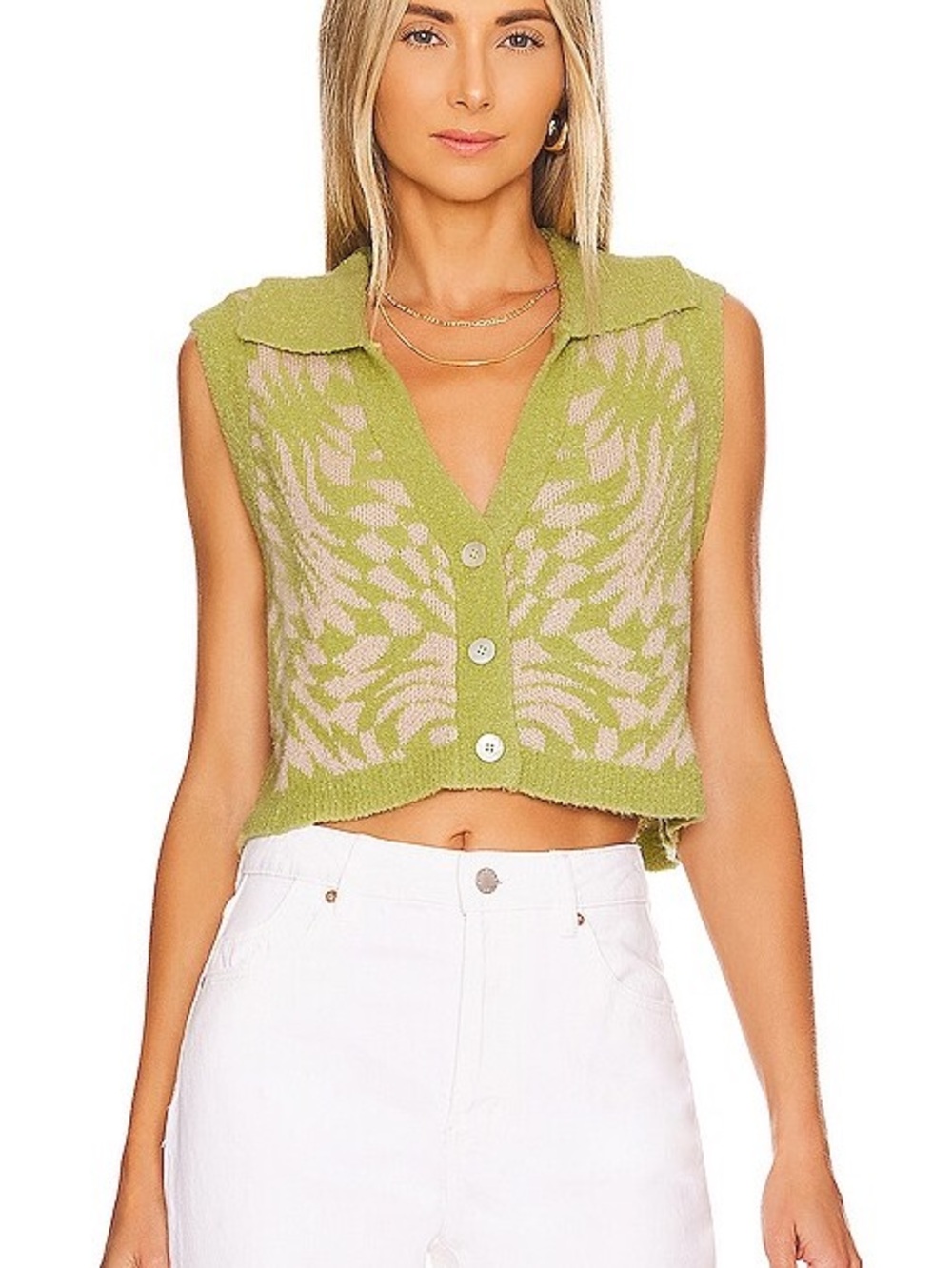 For Love And Lemons Light Green and Cream Collared Knit Crop Top